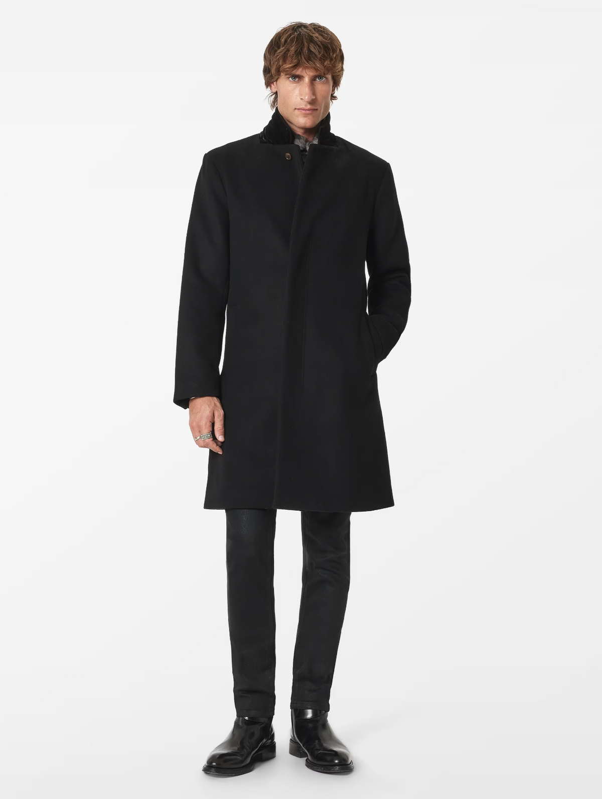 John Varvatos RHETT Wool Coat with Hidden Button Placket in Black