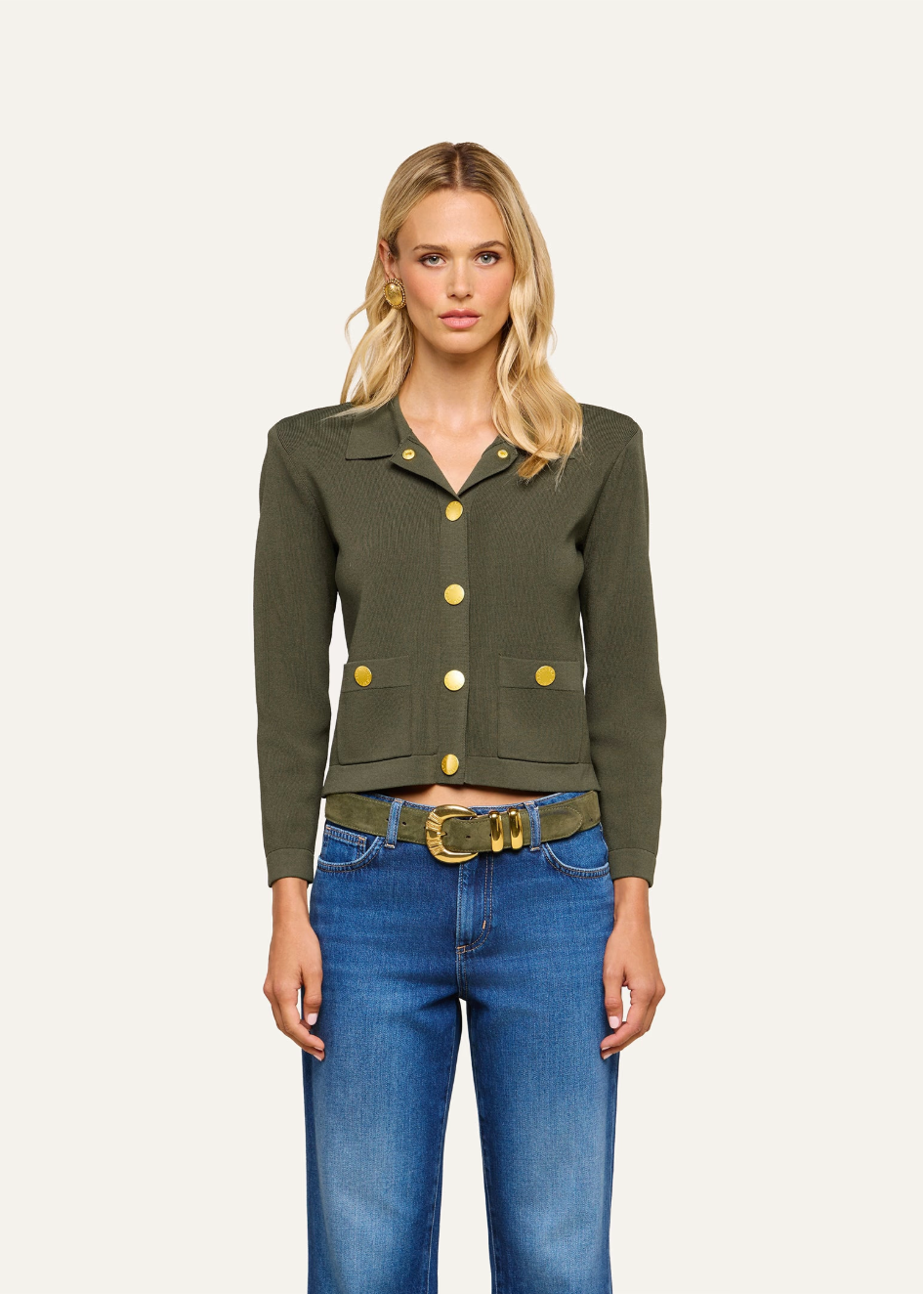 L'AGENCE Osiris Collared Cardigan in Army/Gold