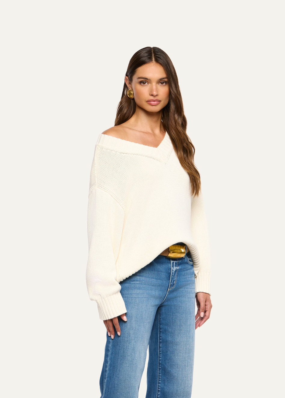 L'AGENCE Paxton Oversized V Neck Pullover in Ivory