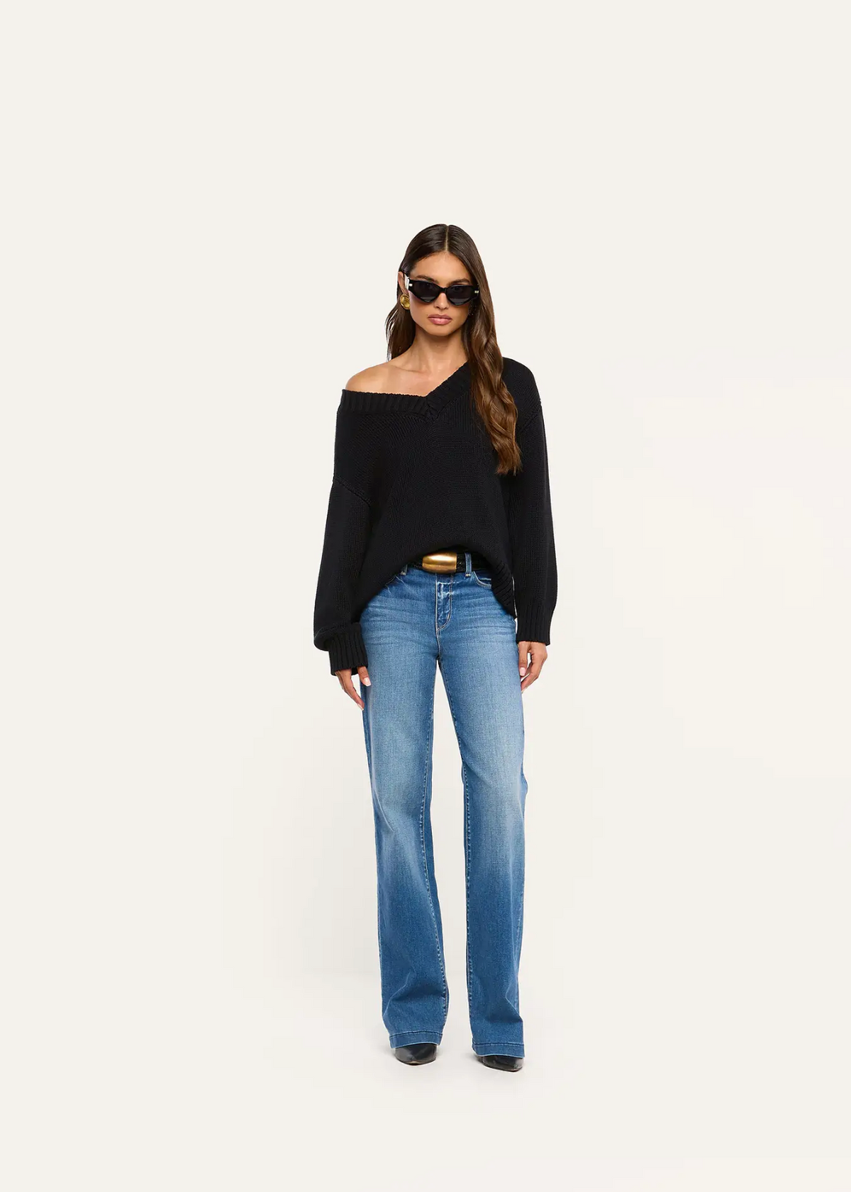 L'AGENCE Paxton Oversized V Neck Pullover in Black