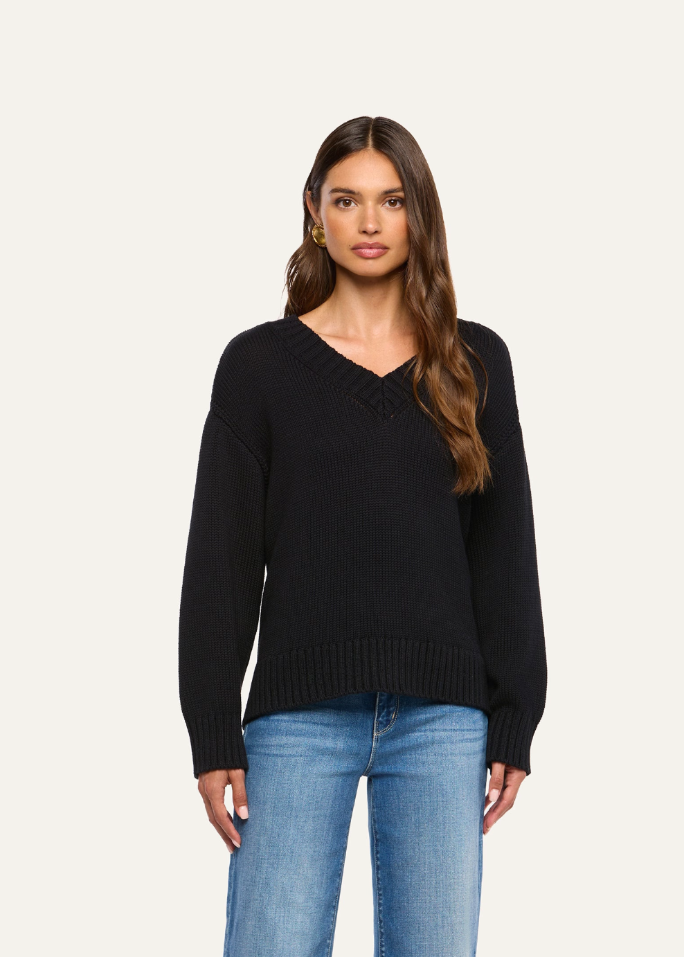 L'AGENCE Paxton Oversized V Neck Pullover in Black