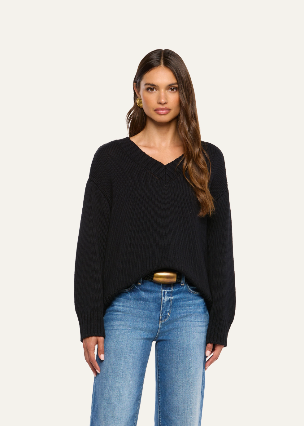 L'AGENCE Paxton Oversized V Neck Pullover in Black