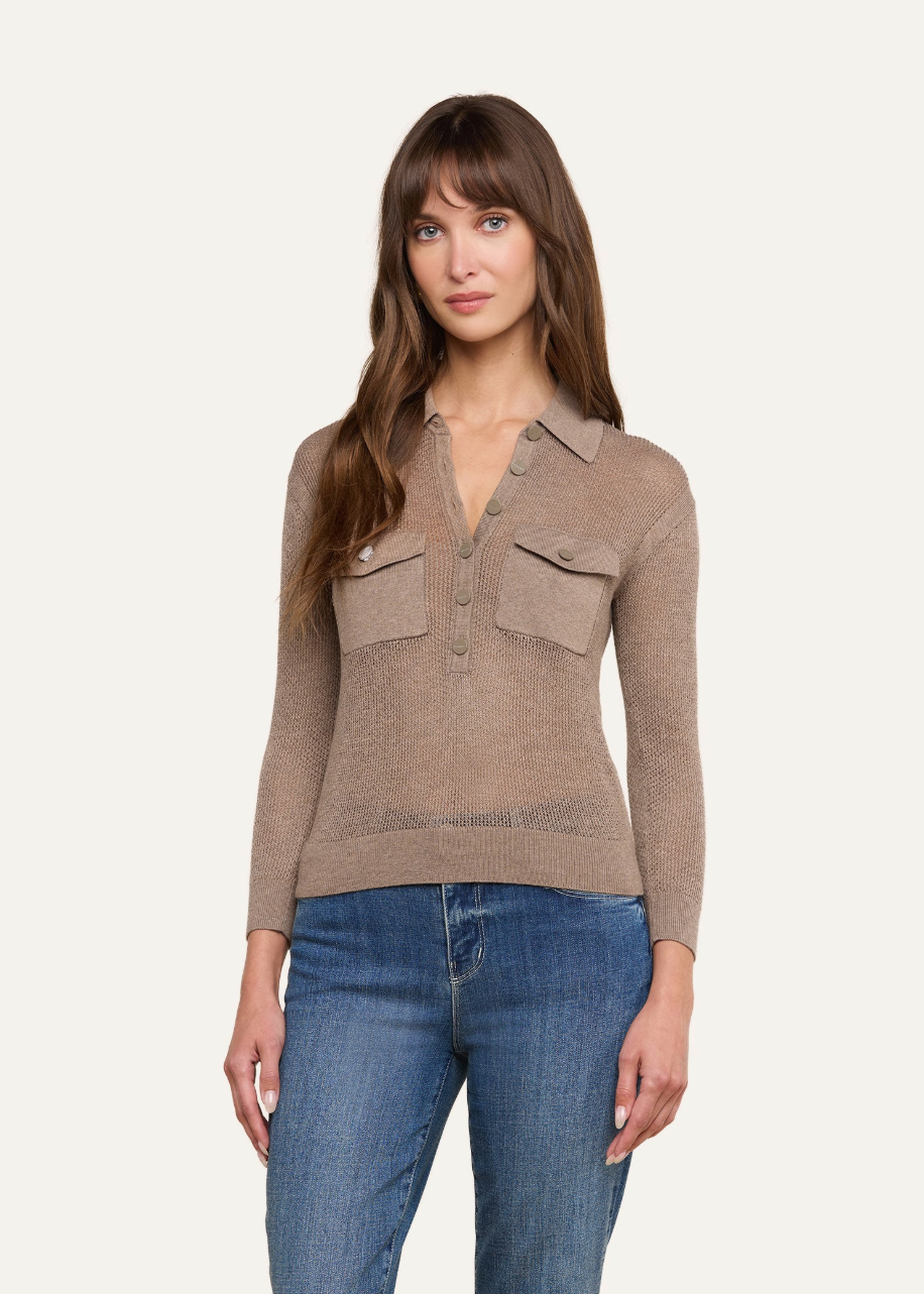 L'AGENCE Carine Pointelle Collared Sweater in Mushroom