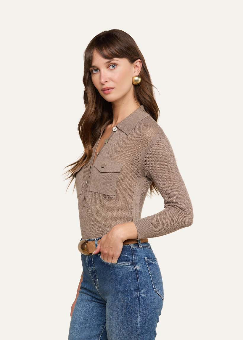 L'AGENCE Carine Pointelle Collared Sweater in Mushroom