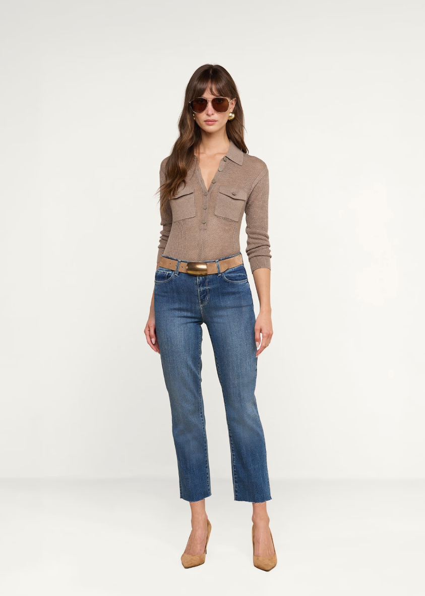 L'AGENCE Carine Pointelle Collared Sweater in Mushroom