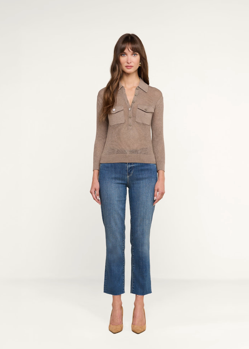 L'AGENCE Carine Pointelle Collared Sweater in Mushroom