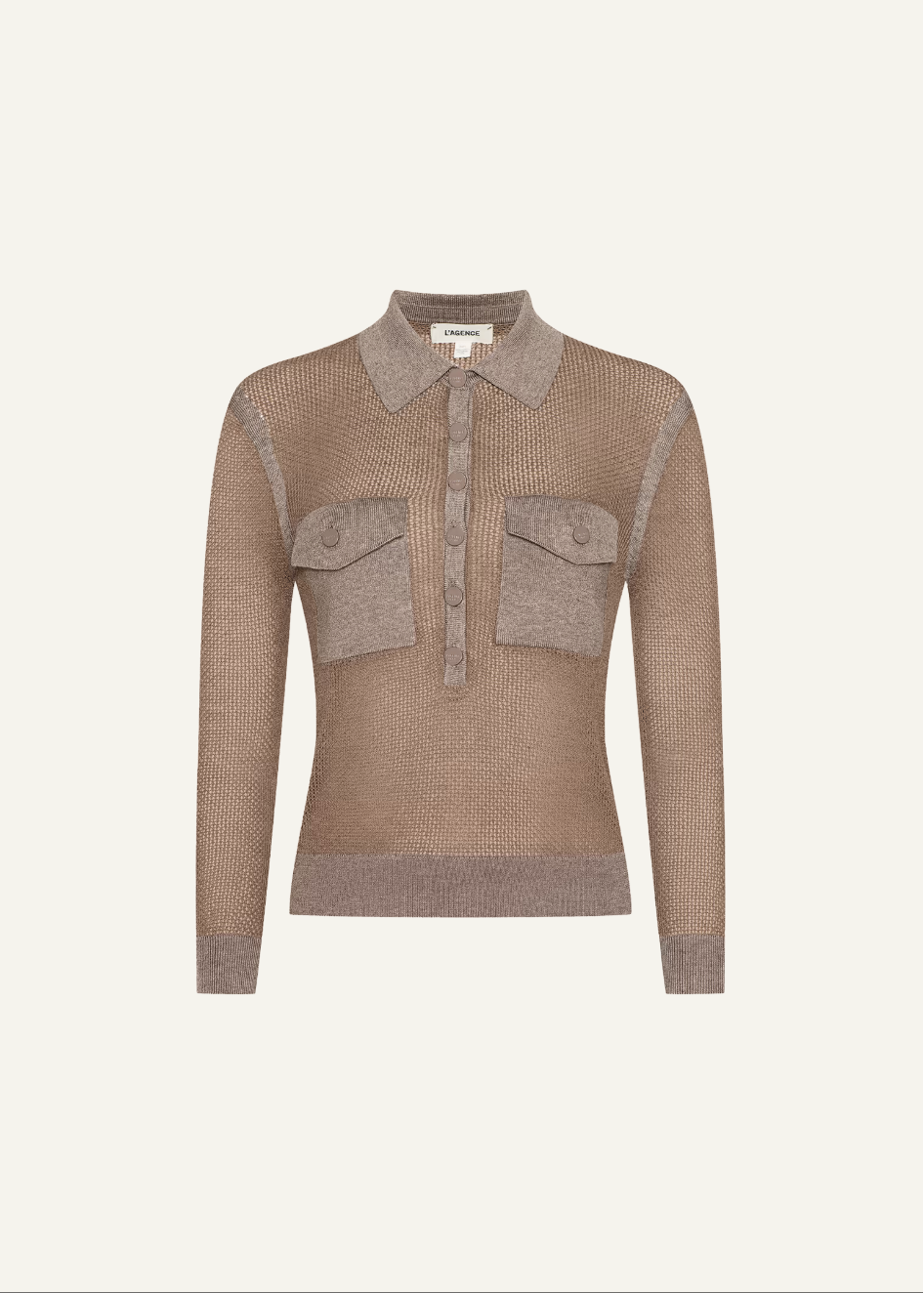 L'AGENCE Carine Pointelle Collared Sweater in Mushroom