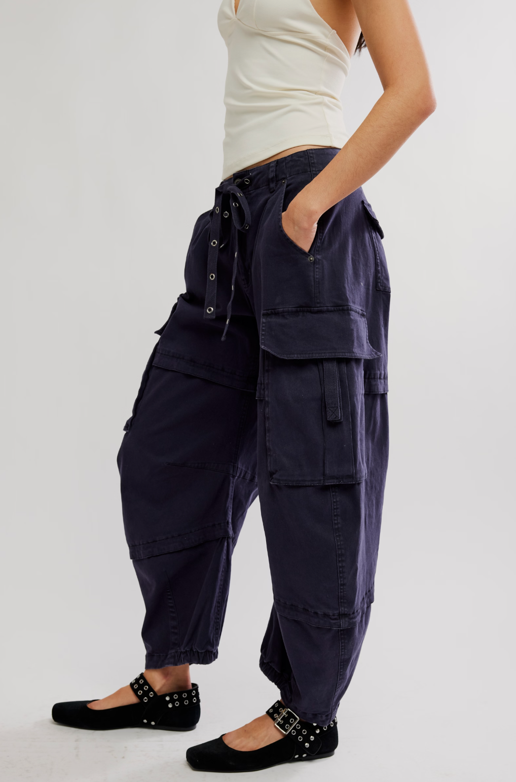 Free People Reef Curved Cargo Twill Pants in Black