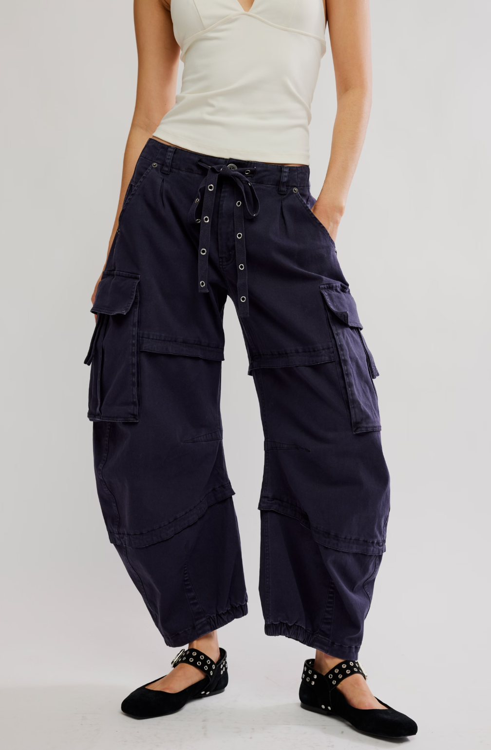 Free People Reef Curved Cargo Twill Pants in Black