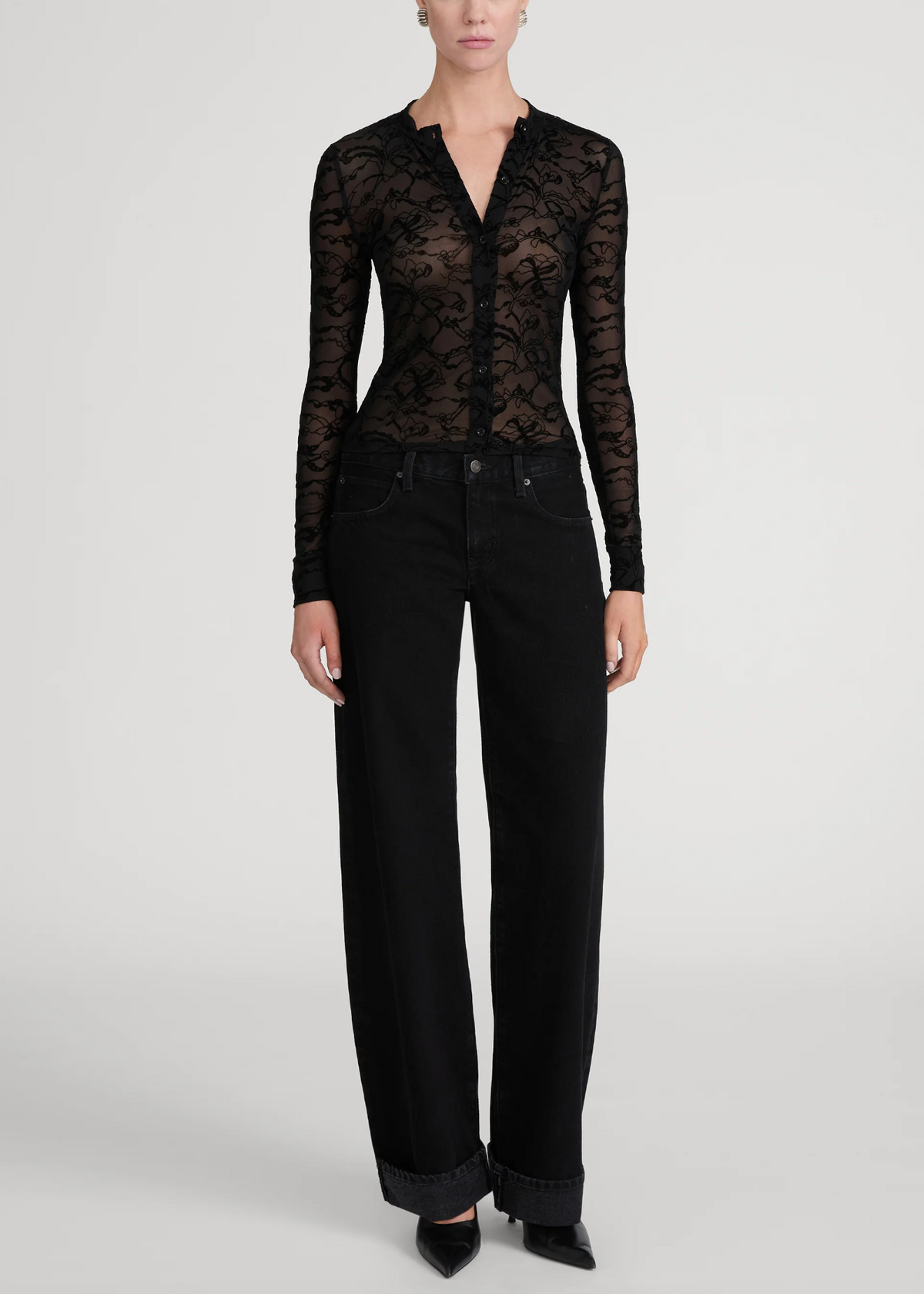 FRAME The Lace Burnout Button Front Top in Black