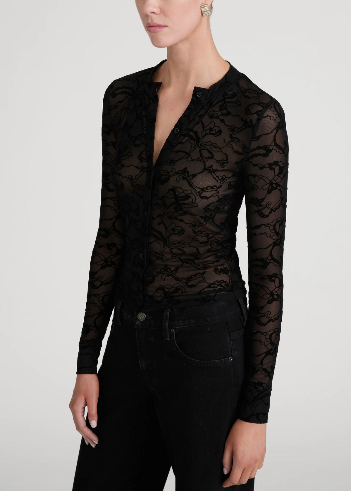 FRAME The Lace Burnout Button Front Top in Black