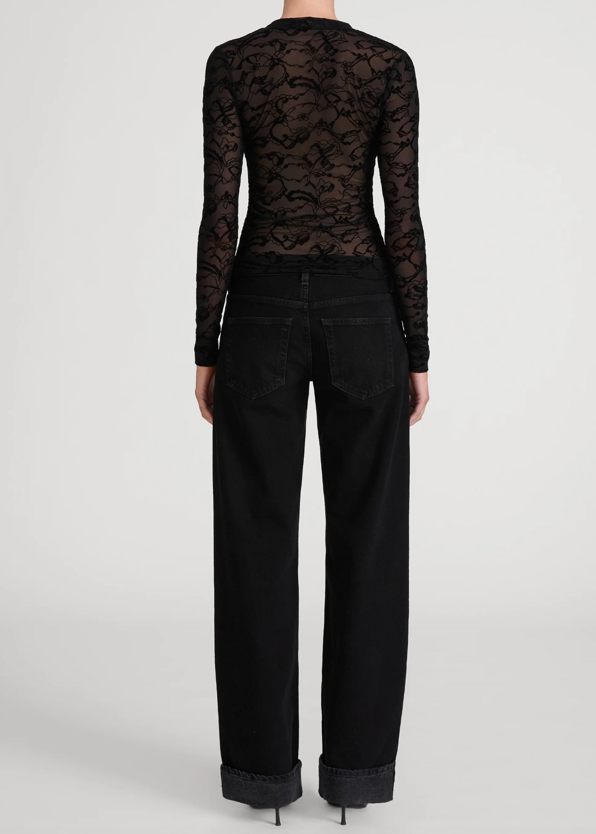 FRAME The Lace Burnout Button Front Top in Black
