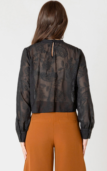Black Tape Embroidered Lace Insert Top in Black