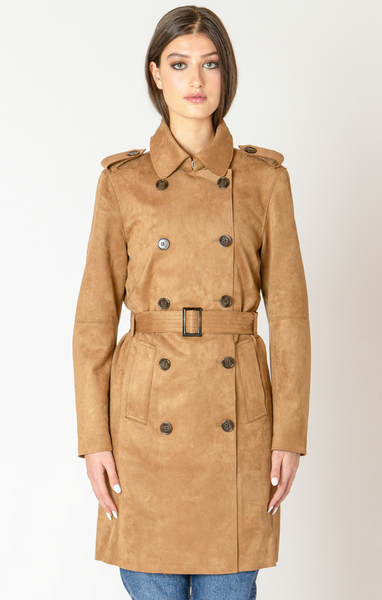 Black Tape Belted Faux Suede Trench in Camel