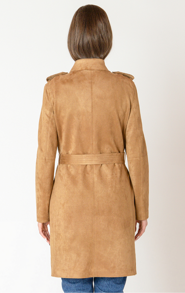 Black Tape Belted Faux Suede Trench in Camel