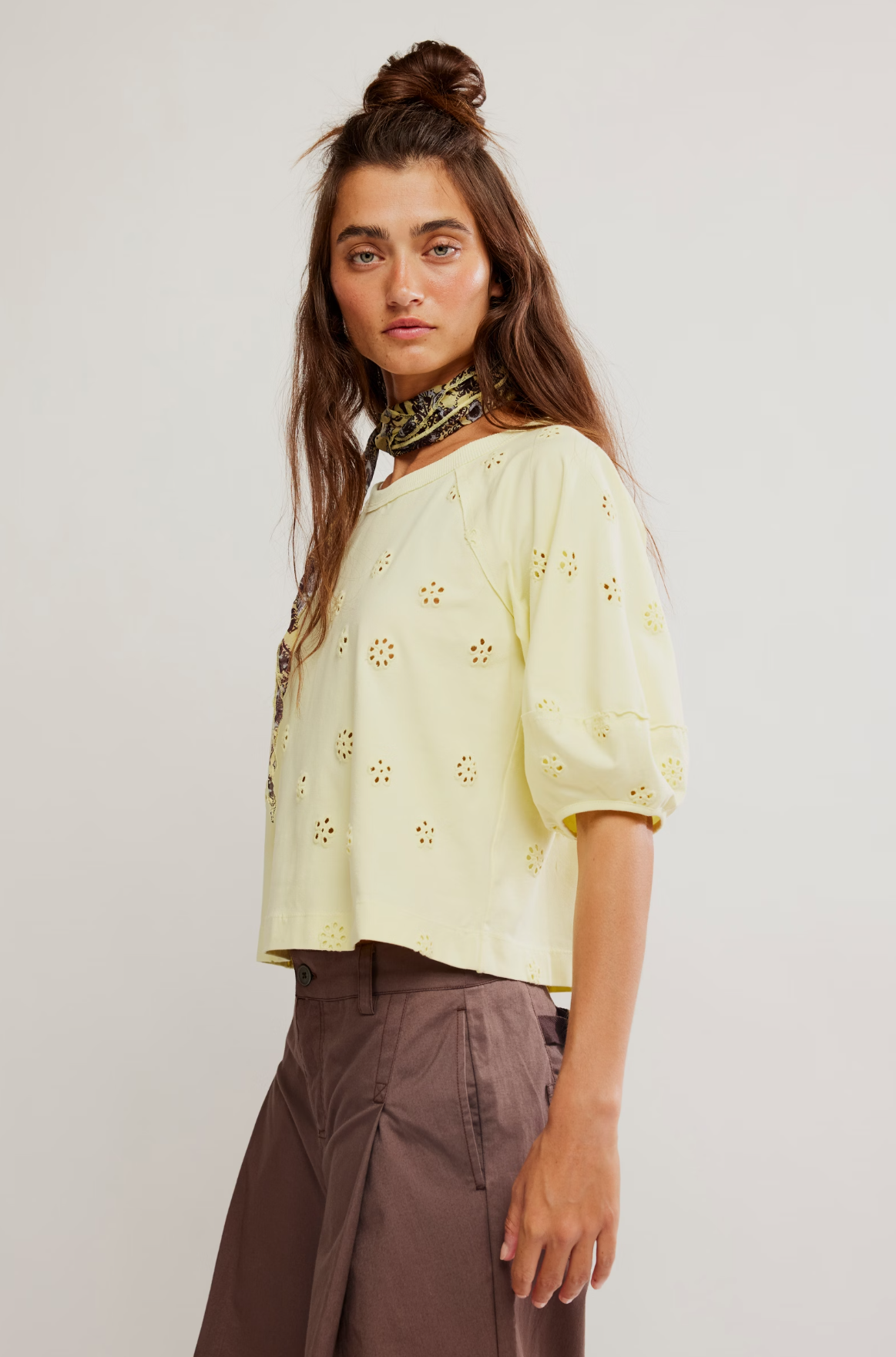 Free People Jessie Eyelet Tee in Lemon Water Combo