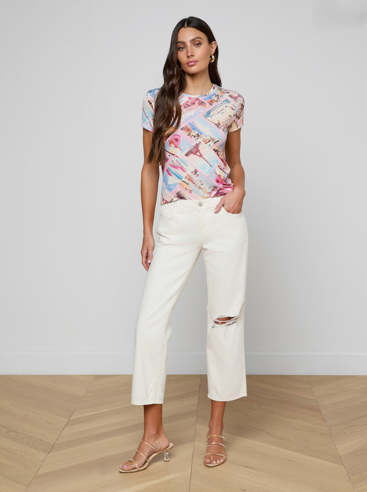 L'AGENCE Ressi S/S Crew Tee in Light Pink Postcard Print
