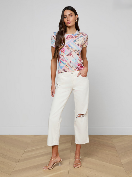 L'AGENCE Ressi S/S Crew Tee in Light Pink Postcard Print