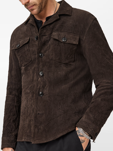 John Varvatos JESSE Leather Shirt Jacket with Buttons in Espresso