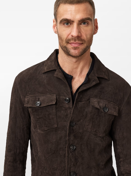 John Varvatos JESSE Leather Shirt Jacket with Buttons in Espresso