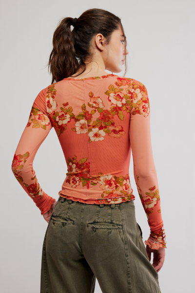 Free People Lilly Printed Long Sleeve in Peach Apricot Combo