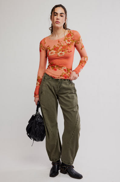 Free People Lilly Printed Long Sleeve in Peach Apricot Combo
