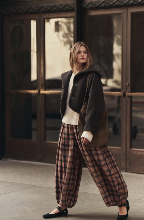 Free People Moonflower Plaid Balloon Pant in Black Combo