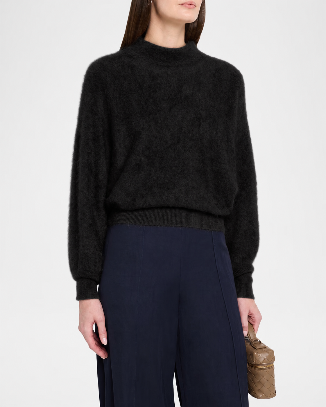 Autumn Cashmere Puff Sleeve Funnel Neck Dolman Sweater in Black