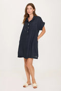 Pistache Linen Shirt Dress with Patch Pocket in Navy