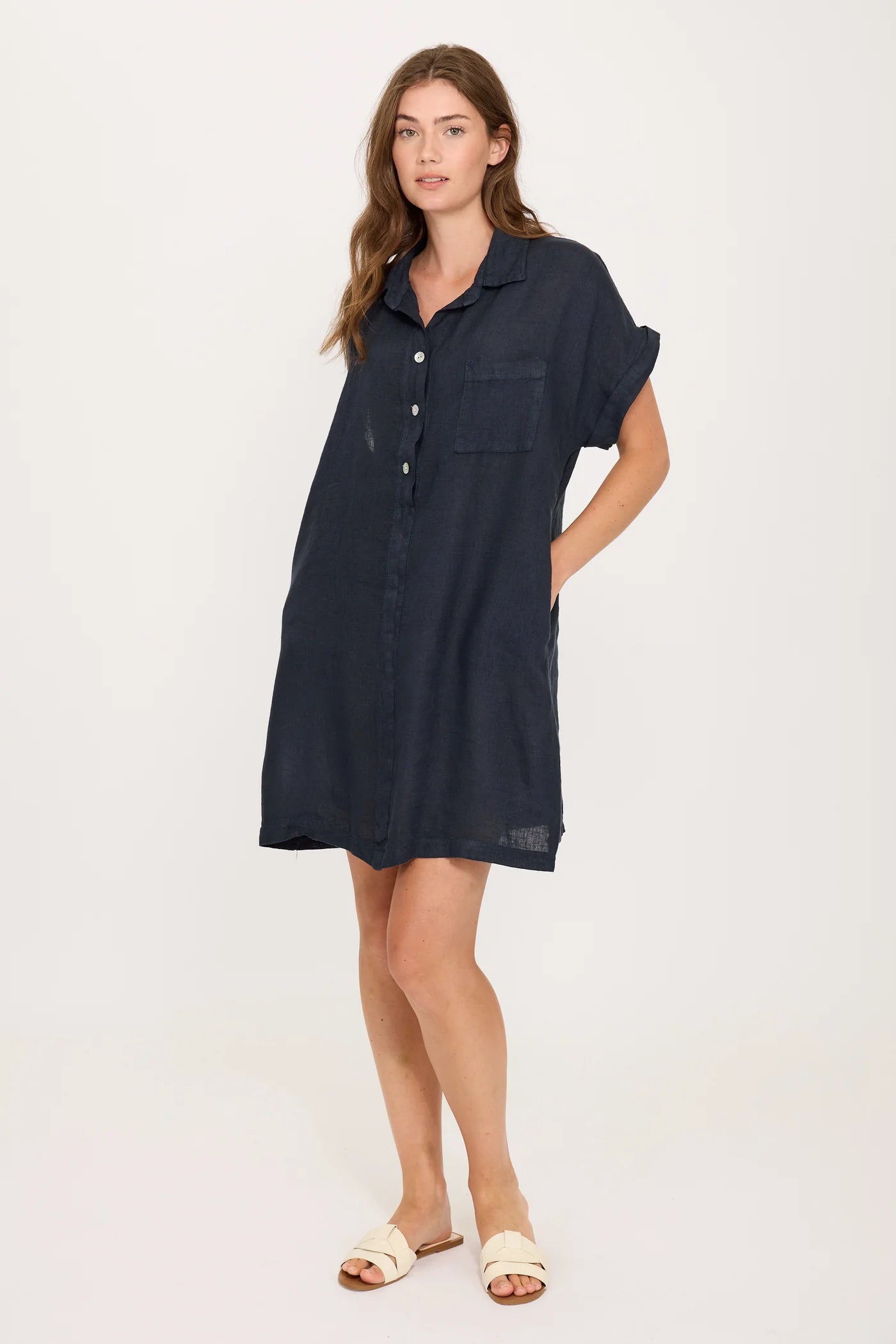 Pistache Linen Shirt Dress with Patch Pocket in Navy