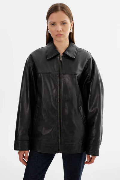 LAMARQUE Theia Leather Bomber Jacket in Black
