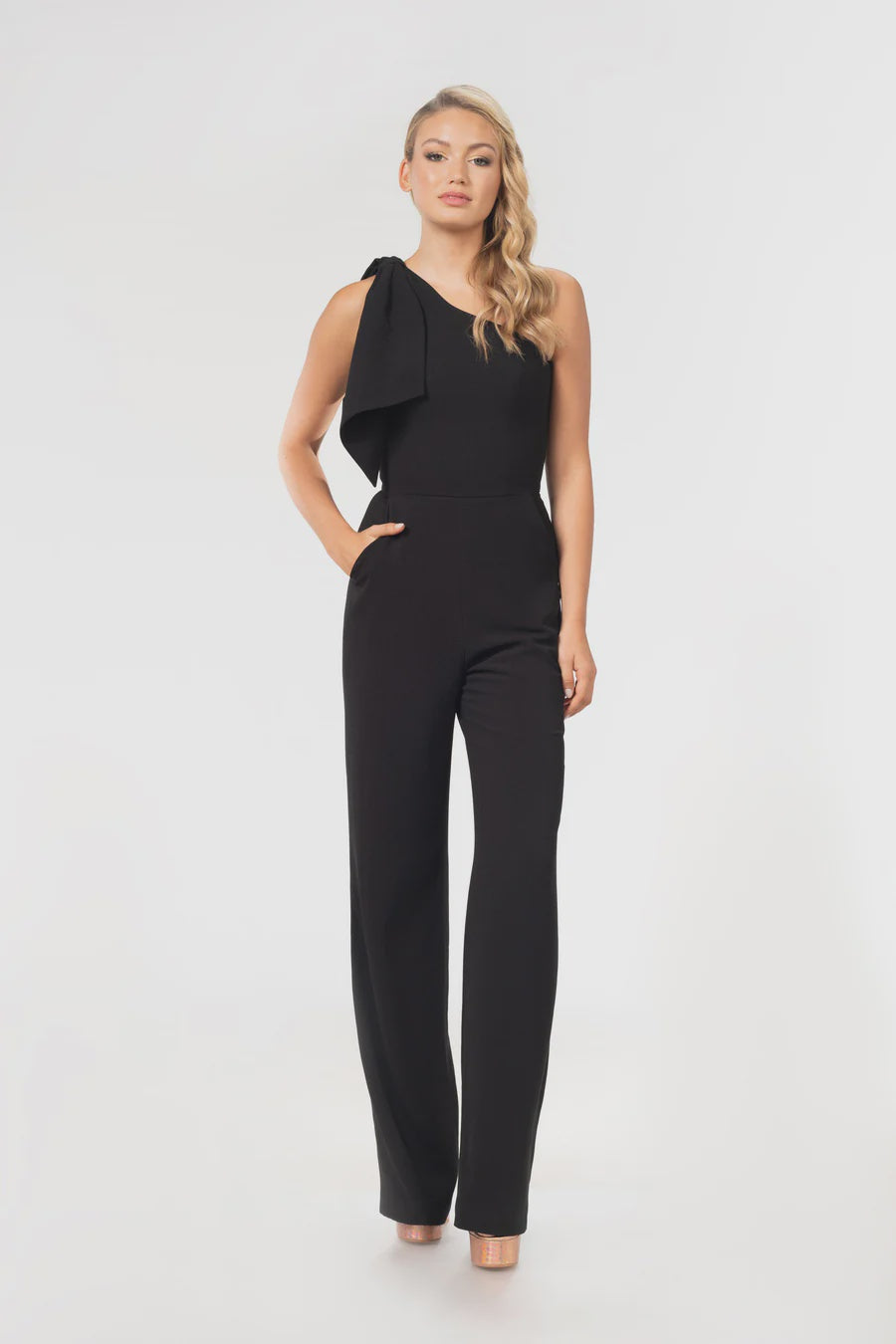 Dress the Population Tiffany One Shoulder Jumpsuit in Black