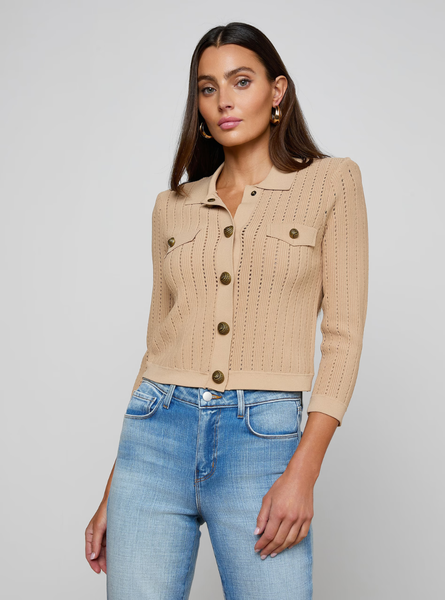 L'AGENCE Risa Collared Cardigan in Light Almond/Gold