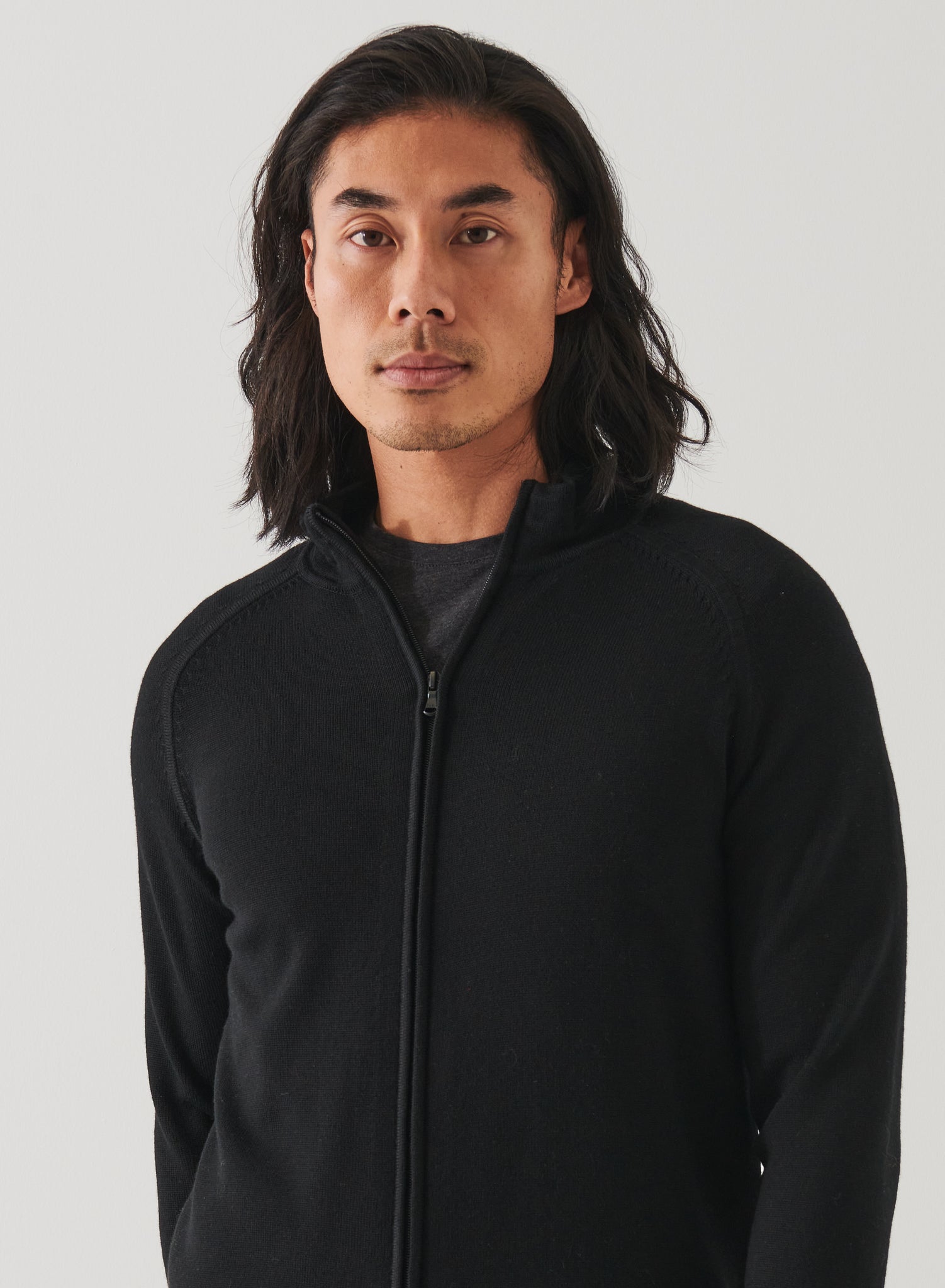 Patrick Assaraf Men's 9GG Merino Full Zip Mock - Black