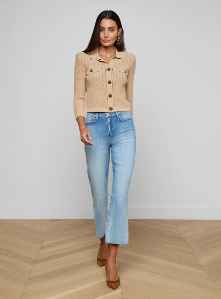 L'AGENCE Risa Collared Cardigan in Light Almond/Gold