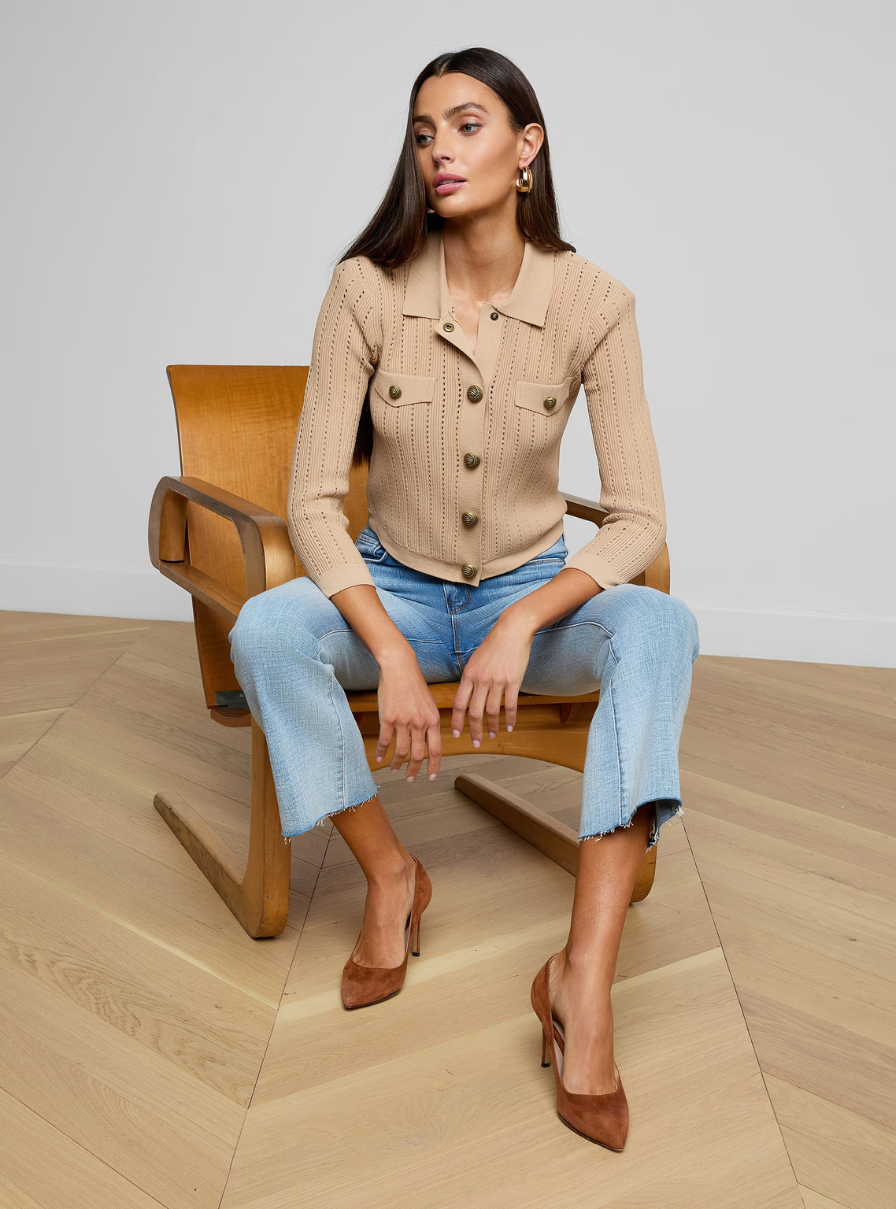 L'AGENCE Risa Collared Cardigan in Light Almond/Gold