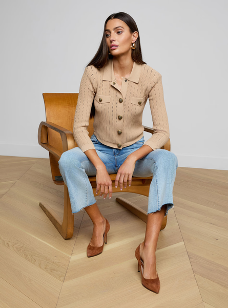 L'AGENCE Risa Collared Cardigan in Light Almond/Gold
