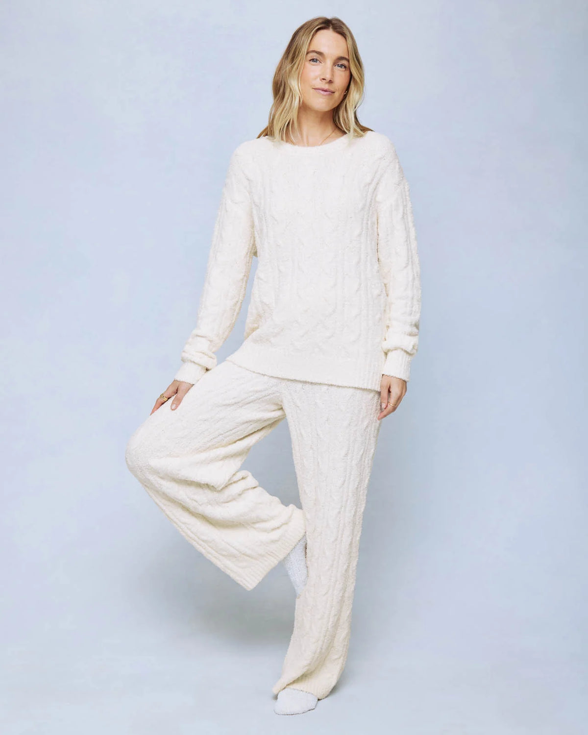 Splendid Cozy Fuzzy Cable Wide Leg Set in Ivory