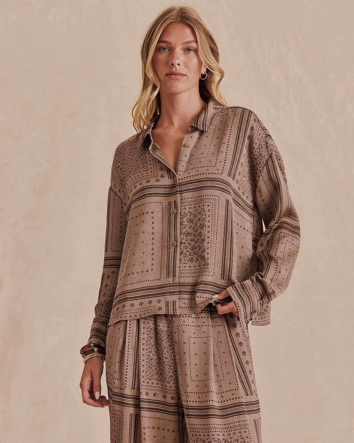 Splendid Clara Button Down in Taupe Grey Bandana