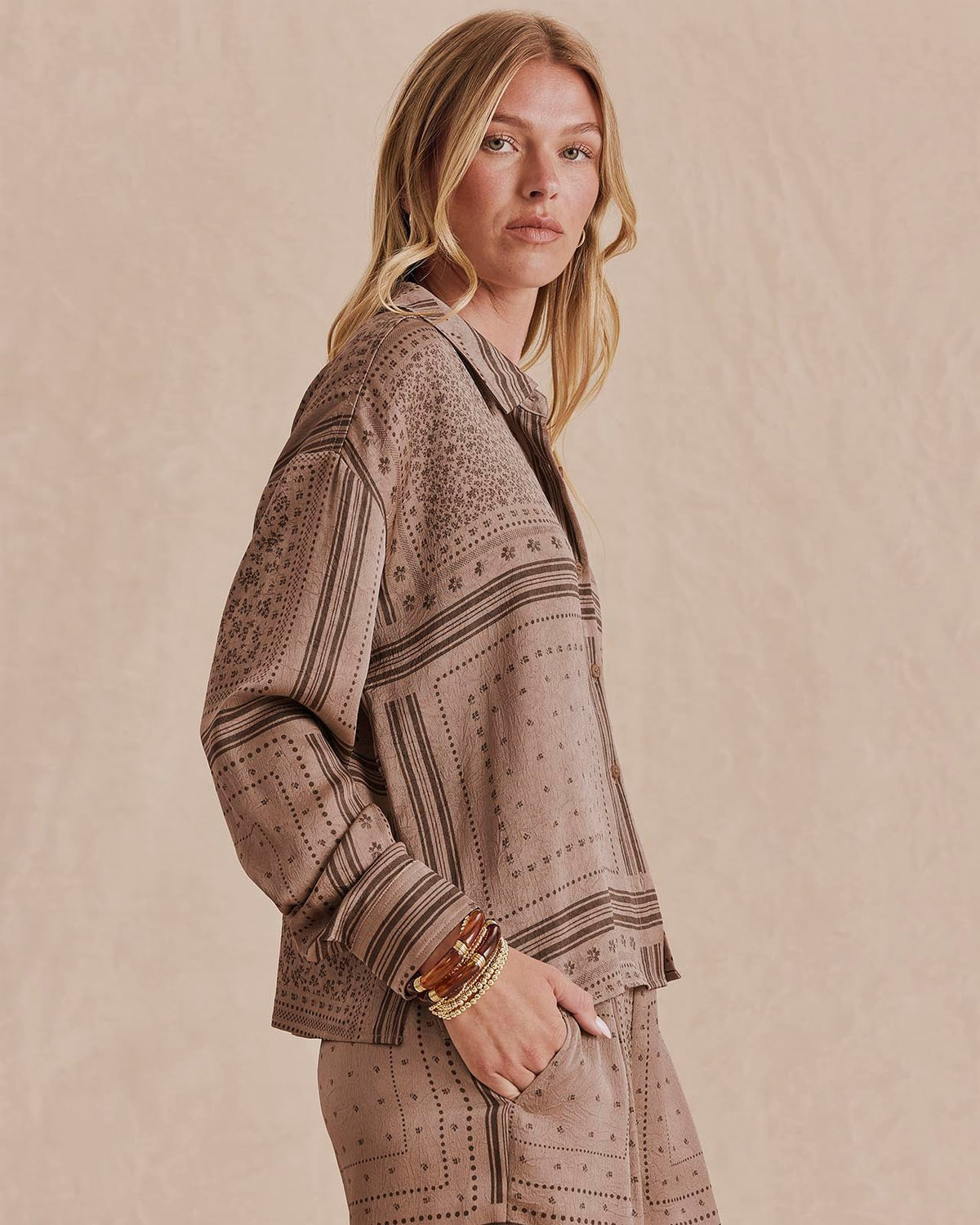 Splendid Clara Button Down in Taupe Grey Bandana