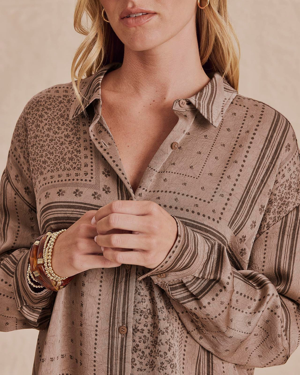 Splendid Clara Button Down in Taupe Grey Bandana