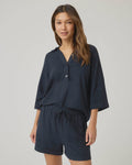 Splendid Coastal Rayon Linen Short Sleeve Top in Navy