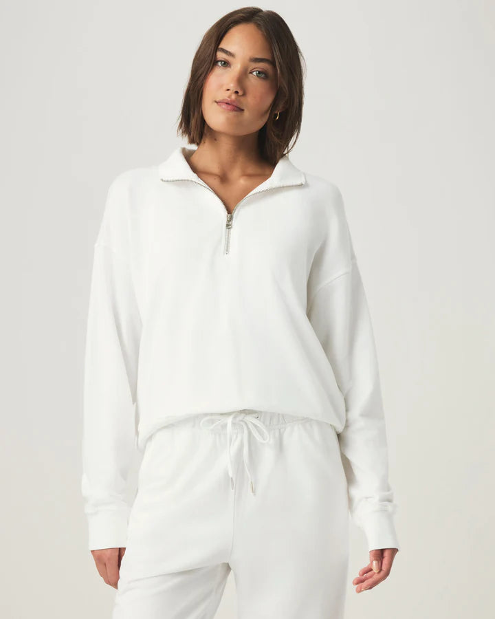 Splendid Terry Quarter Zip Long Sleeve Top in White
