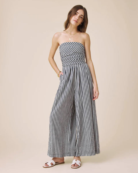 Splendid Gigi Gingham Tube Top Jumpsuit in Navy/White