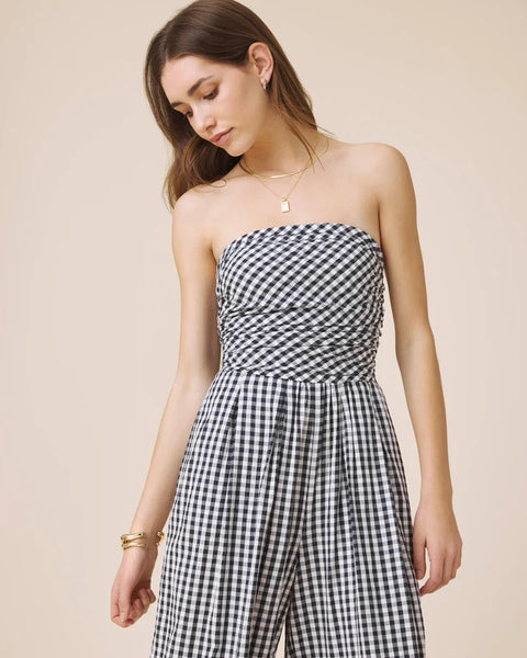 Splendid Gigi Gingham Tube Top Jumpsuit in Navy/White