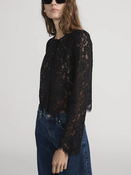 FRAME Button Front Lace Blouse in Black