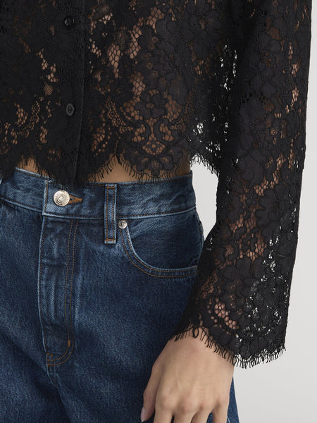 FRAME Button Front Lace Blouse in Black