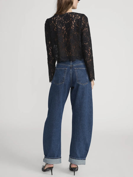 FRAME Button Front Lace Blouse in Black