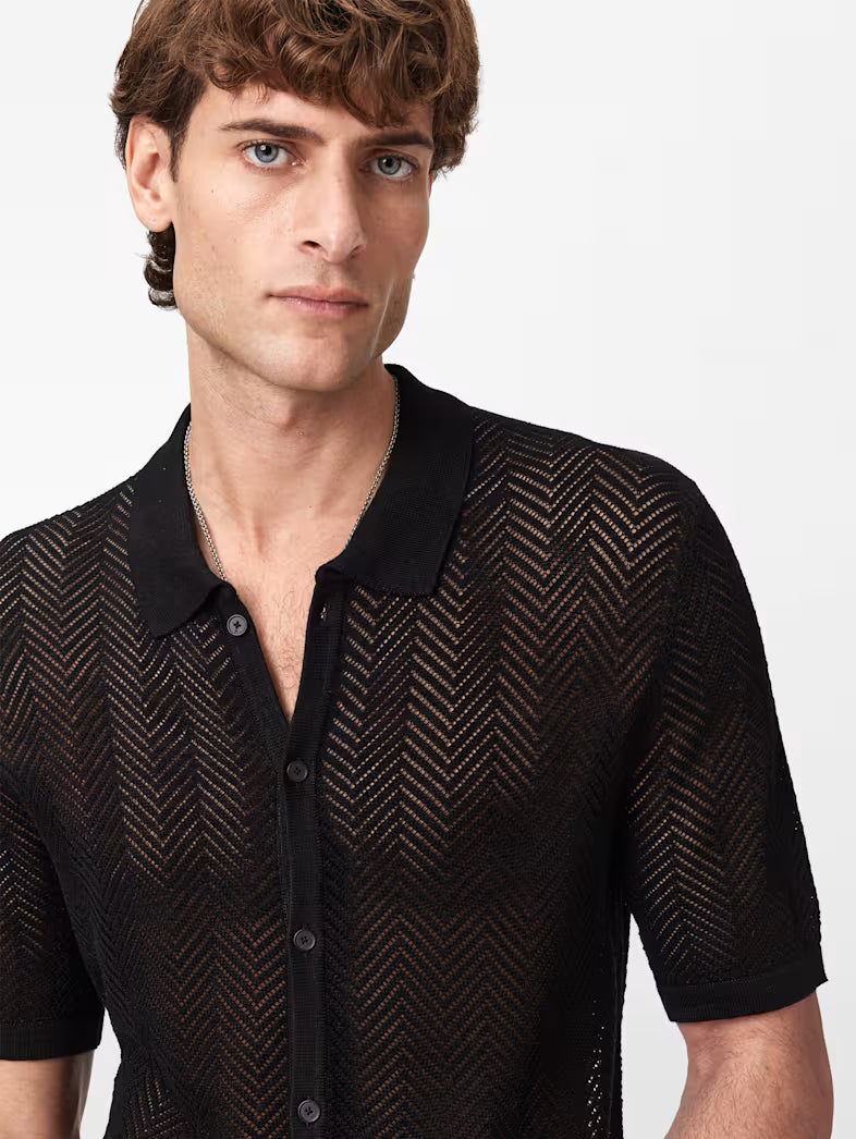 John Varvatos GINSBERG SS Shirt in Herringbone Pointelle in Black