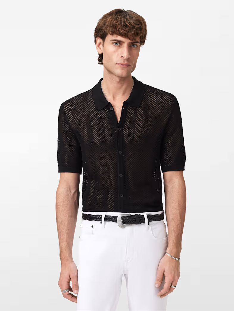 John Varvatos GINSBERG SS Shirt in Herringbone Pointelle in Black